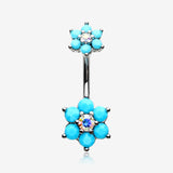 Turquoise Flower Sparkle Prong Set Belly Button Ring-Aurora Borealis/Turquoise