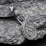 Detail View 2 of Vintage Boho Paisley Turquoise Belly Button Ring-Clear Gem