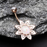 Detail View 2 of Rose Gold Starburst Opal Sparkle Flower Belly Button Ring-White