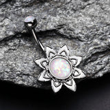 Detail View 2 of Hematite Starburst Opal Sparkle Flower Belly Button Ring-White