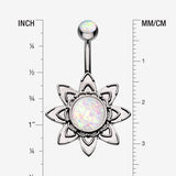 Detail View 1 of Hematite Starburst Opal Sparkle Flower Belly Button Ring-White