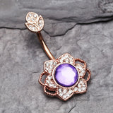 Detail View 2 of Rose Gold Antique Meadow Flower Belly Button Ring-Clear Gem/Purple