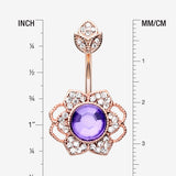 Detail View 1 of Rose Gold Antique Meadow Flower Belly Button Ring-Clear Gem/Purple