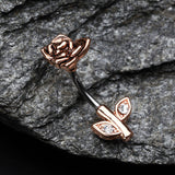 Detail View 2 of Rose Gold Full Blossom Rose Belly Button Ring-Clear Gem