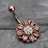 Detail View 2 of Vintage Rustica Sunflower Sparkle Belly Button Ring-Clear Gem
