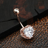 Detail View 2 of Rose Gold Princess Crown Prong Heart Sparkle Belly Button Ring-Clear Gem