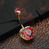 Detail View 2 of Golden Princess Crown Prong Heart Sparkle Belly Button Ring-Red