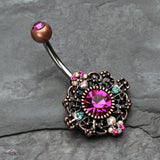 Detail View 2 of Vintage Boho Filigree Flower Belly Button Ring-Copper/Fuchsia/Aurora Borealis