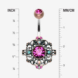 Detail View 1 of Vintage Boho Filigree Flower Belly Button Ring-Copper/Fuchsia/Aurora Borealis
