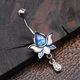 Detail View 2 of Lotus Zen Opalescent Sparkle Belly Button Ring-Clear Gem/Blue/White