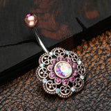 Detail View 2 of Vintage Rustica Filigree Floral Sparkle Belly Button Ring-Copper/Purple/Aurora Borealis