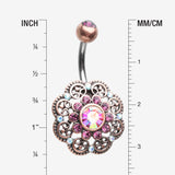 Detail View 1 of Vintage Rustica Filigree Floral Sparkle Belly Button Ring-Copper/Purple/Aurora Borealis