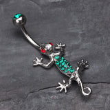 Detail View 2 of Moving Gecko Lizard Sparkle Belly Ring-Green
