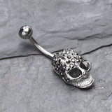 Detail View 2 of Cross Gem Paved Hardcore Skull Belly Button Ring-Hematite