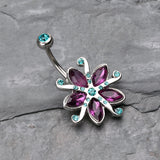 Detail View 2 of Glistening Lily Blossome Flower Belly Button Ring-Teal/Purple