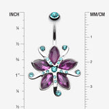Detail View 1 of Glistening Lily Blossome Flower Belly Button Ring-Teal/Purple