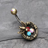 Detail View 2 of Vintage Boho Sparrow Birdnest Belly Button Ring-Brass/Aurora Borealis/Turquoise
