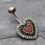Detail View 2 of Vintage Boho Filigree Heart Lock Belly Button Ring-Brass/Aurora Borealis/Red