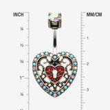 Detail View 1 of Vintage Boho Filigree Heart Lock Belly Button Ring-Brass/Aurora Borealis/Red