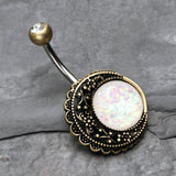 Detail View 2 of Vintage Boho Filigree Moon Opal Belly Button Ring-Brass/Clear/White