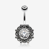 Vintage Filigree Flower Multi-Gem Belly Button Ring-Clear Gem