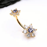 Detail View 2 of Golden Brilliant Flower Sparkle Belly Button Ring-Clear Gem/Tanzanite