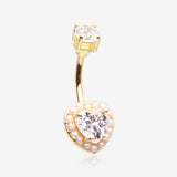 Golden Pearlescent Heart Sparkle Belly Button Ring-Clear Gem/White