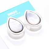 Detail View 4 of A Pair of White Brass Bali Mother of Pearl Inlay Teardrop Double Flared Plug