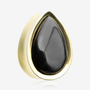 A Pair of Golden Brass Bali Black Onyx Stone Inlay Teardrop Double Flared Plug