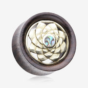 A Pair of Sacred Bali Abalone Lotus Brass Rosewood Double Flared Tunnel Plug