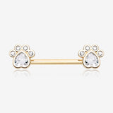 A Pair of Golden Sparkle Adorable Paws Nipple Barbell-Clear Gem