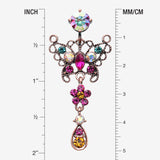 Detail View 1 of Vintage Boho Glistening Butterfly Flower Reverse Belly Button Ring-Copper/Aurora Borealis/Fuchsia