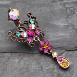 Detail View 2 of Vintage Boho Glistening Butterfly Flower Reverse Belly Button Ring-Copper/Aurora Borealis/Fuchsia