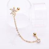 Detail View 1 of Golden Chainlink Grand Flower Gem Sparkle Cartilage Barbell Stud-Clear Gem 