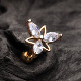 Detail View 1 of Golden Tri-Marquise Floral Sparkle Cartilage Tragus Barbell Earring-Clear Gem