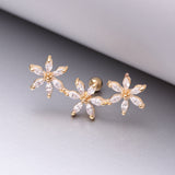 Detail View 1 of Golden Grand Sparkle Triple Flowers Steel Cartilage Tragus Barbell Stud-Clear Gem