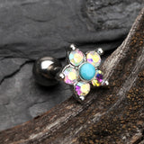 Detail View 1 of Starburst Turquoise Sparkle Flower Cartilage Tragus Earring-Aurora Borealis/Turquoise