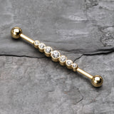 Detail View 1 of Golden Dazzling Gem Row Industrial Barbell-Clear Gem