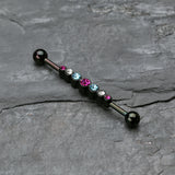 Detail View 1 of Blackline Dazzling Gem Row Industrial Barbell-Black/Fuchsia