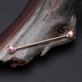 Detail View 1 of Rose Gold Brilliant Sparkle Gem Prong Set Industrial Barbell-Aurora Borealis