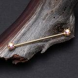 Detail View 1 of Golden Brilliant Sparkle Gem Prong Set Industrial Barbell-Aurora Borealis
