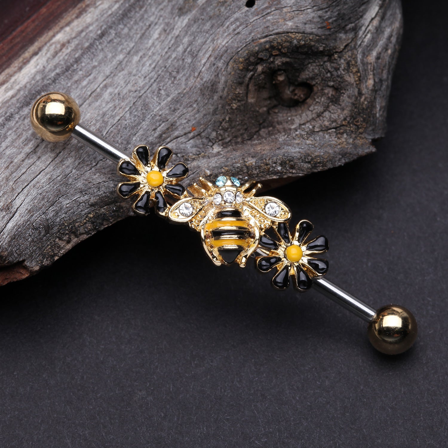 Golden Sweet Daisy Bumble Bee Industrial Barbell-Clear Gem/Aqua
