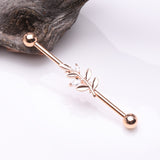 Detail View 1 of Rose Gold Dainty Sparkle Leaflet Industrial Barbell-Clear Gem