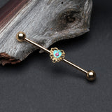 Detail View 1 of Golden Victorian Filigree Heart Sparkle Industrial Barbell-Turquoise/Fuchsia