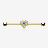 Golden Victorian Filigree Heart Sparkle Industrial Barbell-Turquoise/Fuchsia
