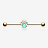 Golden Adorable Paw Print Opalescent Sparkle Industrial Barbell-Teal