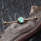 Detail View 1 of Golden Adorable Paw Print Opalescent Sparkle Industrial Barbell-Teal
