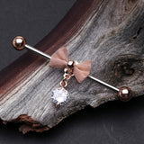 Detail View 1 of Rose Gold Adorable Mesh Bow-Tie Industrial Barbell-Clear Gem