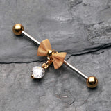 Detail View 1 of Golden Adorable Mesh Bow-Tie Industrial Barbell-Clear Gem