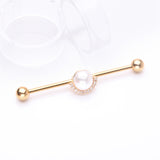 Detail View 1 of Golden Pearlescent Sparkle Crescent Rim Industrial Barbell-Clear Gem